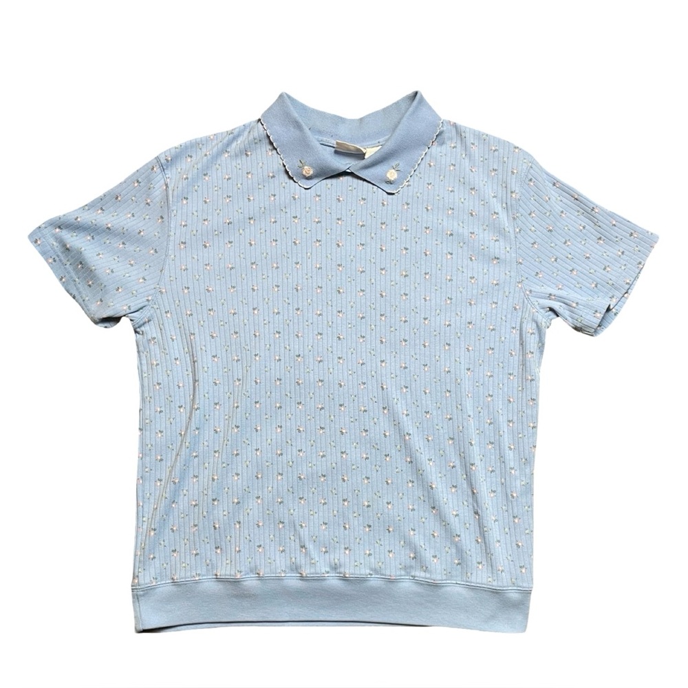 Vintage 90s Blue Floral Banded Polo Size L